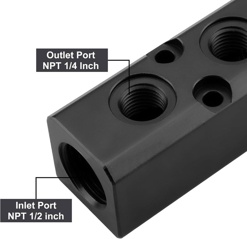 MARSTEK Air Manifold, 2 Way 4 Port Air Compressor Manifold, Air Hose Inline Manifold Block Splitter, Pneumatic Manifold Air Distribution Block, NPT 1/2 Inch Supply Port, NPT 1/4 Inch Output Port(BLACK) - Image 3